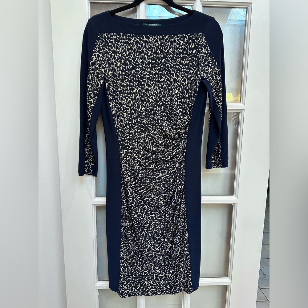 LRL Lauren Ralph Lauren Bodycon Ruched Animal Print Navy Tan Stretchy Size 6